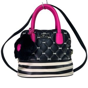 Betsey‎ Johnson Black Striped Quilted Bows Pink Handles Fur Keychain Satchel Bag